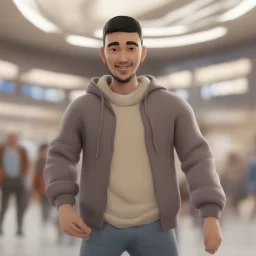 a portrait of smiling young cute western man. caricature. black hair. short buzz cut hair style. light skin. dark eye pupils. small eyes. black thick eyebrow. small short round face shape. a bit small goatee, without moustache. big nose. thick mouth. white sweater hoodie. pixar style. 3D. 4k. portrait. highly detailed. sharp focus. high resolution. full color. cinema lighting