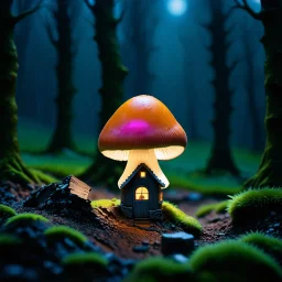 "Close up of a wonderful tiny Mushroom Tower home. Orange and Magenta with bright white, deep black and contrasting tones of gray magenta and violet colors. Illuminated bioluminescent forest. Professional painter, master at composition. small but detailed. broken, blurred background, voluminous lighting"