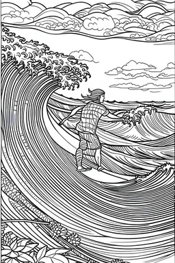 Outline art for coloring page OF A SURFER RIDING A WAVE IN HAWAI, coloring page, white background, Sketch style, only use outline, clean line art, white background, no shadows, no shading, no color, clear