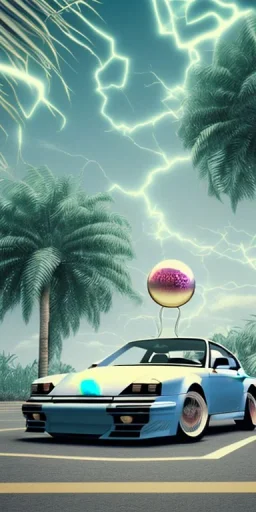 1980's aesthetic vaporwave palm trees and spheres and Porsche with lightning