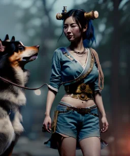 Ultra realistic, steampunk western party scene. Geisha Asian woman with dog man’s , waist up view, dancing, happy, color smoke, highly detailed, concept art, unreal engine 5, god rays, ray tracing, RTX, lumen lighting, ultra detail, volumetric lighting, 3d, finely drawn, high definition, high resolution.