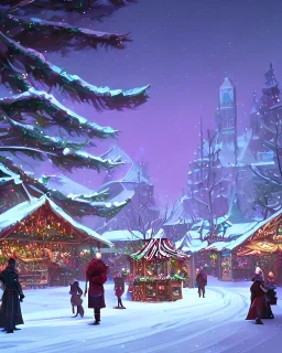 A magical snowy warlock Christmas market with a large Christmas tree