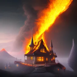  house on fire, volcan, Epic scale, A perfectly cute shaped crystal, cyberpunk, highly detailed, black mecanic castle, cristal, realistic,