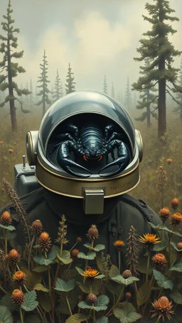 A black scorpion on an astronaut helmet, in a forgotten battlefield overrun by vegetation, cutesy tiktok detailed oil painting, grainy, old style