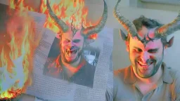 delivery driver with devil horns burns old photos in giant fire