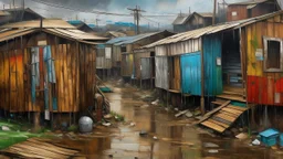 Pintura de un bidonville compuesto por refugios construidos con chapa, bidones reciclados y madera, entramado urbano improvisado, composición panorámica, luz difusa tras la lluvia, atmósfera melancólica, realismo pictórico.