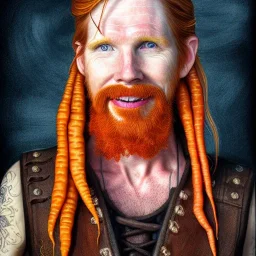 Portrait of Courtney Gains as a ruggedly handsome but joyful roguish pirate, charismatic, attractive male, masculine, perfect, precisely detailed, lightly freckled face, meticulously detailed multi-hued ginger carrot colored cherry fire red hair; Malachai of the corn; fantasy, intricate, elegant, highly detailed, digital painting, artstation, concept art, matte, sharp focus, illustration, art by artgerm and greg rutkowski and alphonse mucha