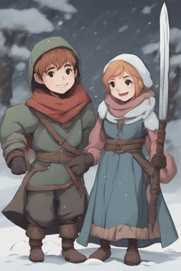 DnD style, two medieval peasant kids playing in the snow male and female, age 14 and 15, happy and playful, he has a short sword.