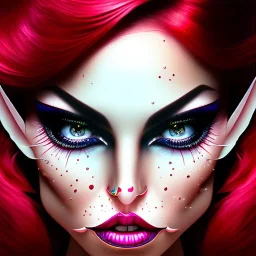 diamond blue eyes, and dark pink hair, teardrop shaped eyebrows, woman, angry expression, pointy ears, elf