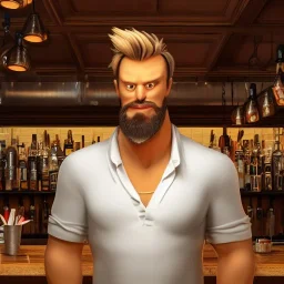 large broad shoulder man wearing a white shirt, big belly, messy blonde hair, comical, standing in a bar, illumination, brilliant coloring, smooth, sharp focus, crispy quality, vray; Artstation; HD, HDR, SF, CGSociety, 16k, photorealistic, unreal engine