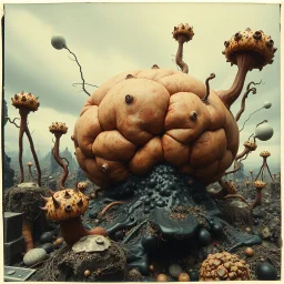 Photography polaroid close-up of a random landscape with massive odd Max Ernst incomprehensible style Surrealism, glossy, organic, creepy tumor mass growing, strong texture, fiotti di liquido nero, horror, panic, obsessive, hypnotic, chaos, ornate, ZBrush