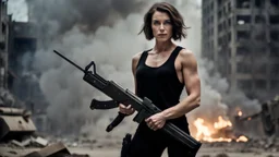 beautiful slender caucasian female technician with a knife, black tank top, well toned muscles, weathered face, scratched sand camo metal details, short brunette wavy bob haircut, dystopian, postapocalyptic city scene with smoke and explosions. giant robot in the background