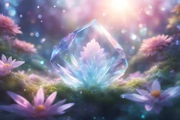 one big crystal subtle flower in a galactic ambiance with a very little beautiful fairy, transparent petals, delicate colors, in the foreground, wisperia garden, full of details, smooth, bright sunshine，soft light atmosphere, light effect，vaporwave colorful, concept art, smooth, extremely sharp detail, finely tuned detail, ultra high