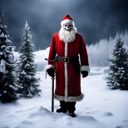 In the style of "Rare Exports: A Christmas Tale," [Finland 2010] we find ourselves in the icy wilderness of Finland, where the cold winds howl through the snow-covered landscape. The skeleton Santa Claus stands tall and eerie, a figure of dread rather than joy, as he navigates the crypt filled with undead carolers, haunted gifts, and a ghostly Christmas tree.