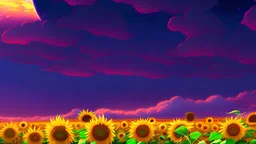 purple sky full of stars, sunflower field, anime, high res, makoto shinkai