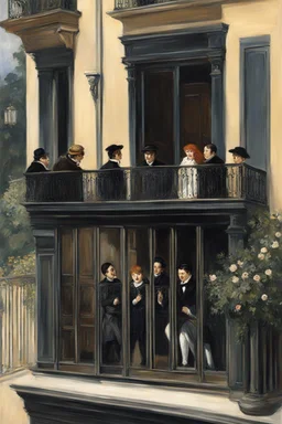 a photo realistic version of The Balcony (Le Balcon)Painting by Édouard Manet, whose main characters are the Addams Family