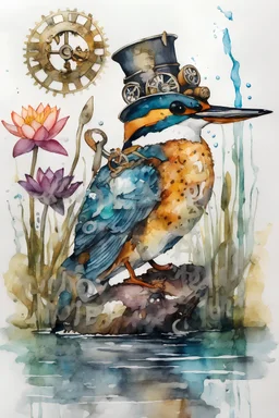 hand-drawn watercolor painting of many different types of steampunk flowers and waterlilies, growing in a little pond, with a kingfisher sitting on a branch, holding a little fish in his beak, with a splash of mixed colors on a white background, sharp detail