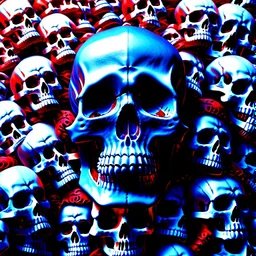 a picture of a dark, comedic, anatomically correct wall of red white and blue tightly packed stacked cyborg skulls of varying sizes and expressions, photo realistic, insanely meticulous, highly detailed, part of a collection of bones on display, 64k, dystopian, vray