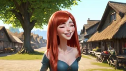 A photorealistic image of a red-haired, slender fantasy woman, winking and smiling, standing in a village common, surrounded by many thatched cottages and shops, under a large tree, early in the morning.