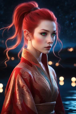 detailed eyes, female elf, red high ponytail hair, detailed glowing ornamental magical pattern robe, glowing gem crackling with lightning implanted on robe, 8k, high detail, lake background, midnight, facing viewer, front facing