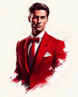 Create a compelling image featuring a man in a red suit with a dapper expression against a white background. Specify a hand-drawn style with bold strokes, emphasizing the meaning of the subject. Ensure the composition captures the essence of elegant expression, creating a visually striking and impactful scene through the use of hand-drawn strokes.