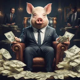 rich pig in suit on a throne making stacks of money by making a deal with a buisnessman. background of musicians. baksinski style