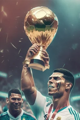 Cristiano Ronaldo lifting the World Cup trophy