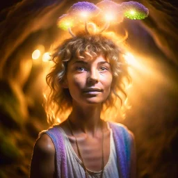 portrait of hippie pixie hovering in the underground grove sparkling light dust, in the style of dali, 8k, down-light, soft light, depth of field, photo realism, trending on art station, high detail, smoke and fog