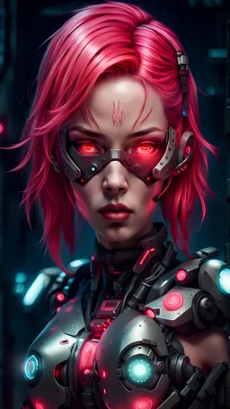 woman with pink hair and red eyes wearing futuristic gear, cyborg girl, cyborg - girl, cute cyborg girl, beutiful girl cyborg, digital cyberpunk anime art, portrait of a cyberpunk machine, cyberpunk cyborg. roses, advanced digital cyberpunk art, cyberpunk cyborg, portrait of a cyberpunk cyborg, digital cyberpunk - anime art, cyberpunk dark fantasy art, cyberpunk art style