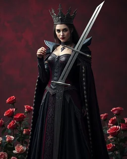 Beautiful Gothic Queen Vampire,length image angle distance dystopian hold the wonderfully stainless steel bright shine shiny metal craft standing pose luxury king engrave sword,sorrounded roses flowers background