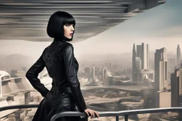 girl wearing black leather, shoulder-length bob, with fringe, in a science fiction building leaning over a balcony, looking at a large city