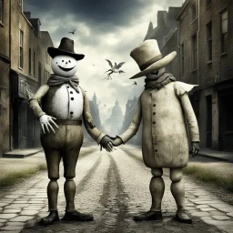 Snowman vs Scarecrow, Snowman shaking hands with a scarecrow in middle of city street in the summer, by Ben Goossens, mind-bending realism, weirdcore, something strange about to happen, natural lighting, by Joel-Peter Witkin