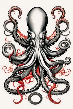 Create a captivating modern 2d colorfull ink tattoo design for print , prestigious (Japanese Octopus) using the elegant influences of japan art style, for print, dynamic elements from fashion and design, and bold Japanese contemporary art aesthetics, framing centered in the center, distanced from the edges of the paper perimeter, perfect anatomy, bauhaus, Divine Proportion,