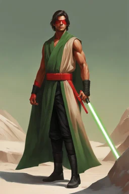 Full Muscular Body, Male Tan Human, Sith Empire, Red Bandage Blindfold. Green and Black Robes, Red Crossgaurd Lightsaber