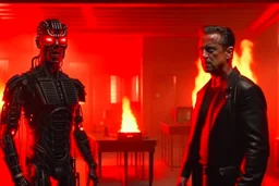 4K, two characters, a Terminator, a human hard rock fan, moving through a burning radio studio.