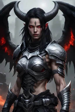 demon female, head to hip shot, red eyes, 30 years old, black shoulder length hair, muscular, buffed, 2 bull horn, dark fleshy wing, wearing silver chainmail, realism, realistic, 8k, warzone background
