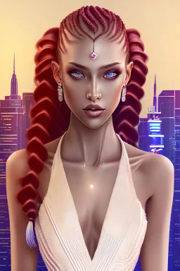 professional portrait, (extremely detailed CG unity 8k wallpaper), full shot body photo of a beautiful women with short dress , long wavy hair with a single braid, Intricate, High Detail, Sharp focus, dramatic, photorealistic, strawberry ginger hair, malachite eyes, three point lighting, city at night in the background with bokeh. dslr, f2.0, 19 years old