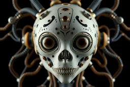 A digital photograph of a android non-humanoid 8 eyes, layered, 64k, anatomically correct, 3d, organic surrealism, photorealistic, steampunk, biopunk, cyberpunk, retrofuturism, bilateral symmetry