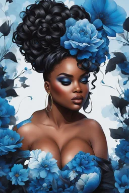 Create an urban art image of a curvy black female wearing alight blue off the shoulder blouse and she is looking down with Prominent makeup. Highly detailed long curly messy bun. Background of large blue and black flowers surrounding her