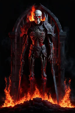 High quality 3D portrait rendering of a Ghoul guarding the gates of Hell. Burning hellish skull, sparkling red eyes. Slender tall body, highly detailed skeleton covered in rags. Highly detailed flames and fire on the background, dark fantasy horror, fantasy red dramatic and cinematic lighting, artstation, soft-focus, FOD, f/2. 2 --no horns, eyes, nose, hair, text