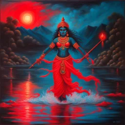 An oil painting of goddess Kali crossing a lake, neon red colors