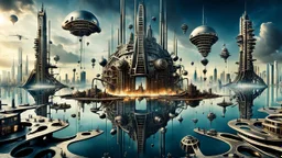 a stunningly weird image of a futuristic tall floatings metropolis using Salvador Dali's paranoiac-critical method, where buildings and structures appear to melt into the skyline cityscape is filled with floating mad, twisted sharp metal shapes that interact with the buildings and each other, forming a surreal tableau of a dreamlike reality. neu-steampunk vibe, essence of the scene in a cinematic manner, dramatic shadows , perspectives and bizarre, deep colors, futuristic surreal