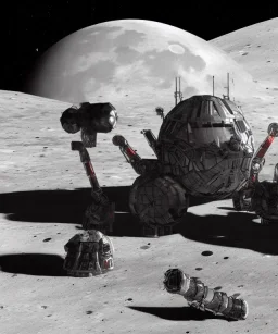 Crashed photorealistic futuristic industrial mechanical mechwarrior space ship on the moon lunar surface