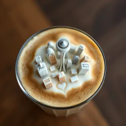 miniature art, close up top-down view of a latte with a maximal complex Seattle city skyline formed in the milky foam, macro photo, professional photography, looks like an advertising campaign photo, delicious