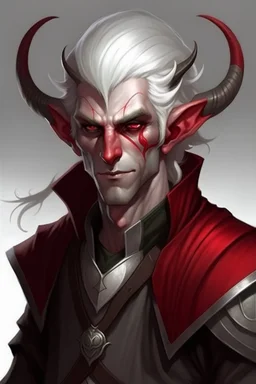 male tiefling dark-red skin with white hair and white eyes rogue