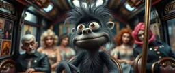 fascist dynasty soap opera, entire cast, movie poster, with posters in it, close up portrait of hairy fluffy polymer clay cute female happy worried monster with realistic human colored and textured skin, and long sleek limbs and with studio lights, on a luxury ornate neon buss, talking to his aunt