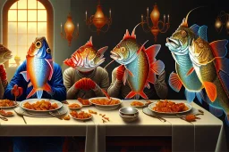 supper, fish sit at the table and eat pieces of people.