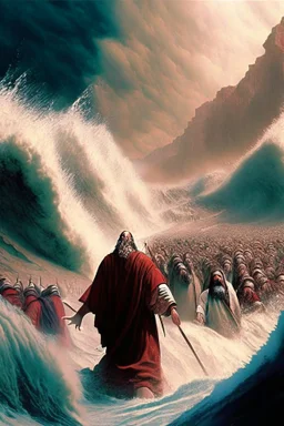 Moses parting the red sea while the Isrealites cross on dry land