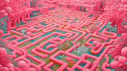 A rosy pink magical maze filled with puzzles painted by Qiu Ying