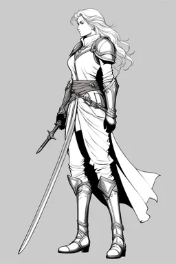 [style ligne claire de Moebius] La silhouette d'une femme paladin vêtue d'une tunique en lin, elle s'appuie sur sa longue épée avec ses gants en cuir, elles est de profile, le visage caché par ses cheuveux, elle porte des bottes en fourrure qui montent sur ses mollets.